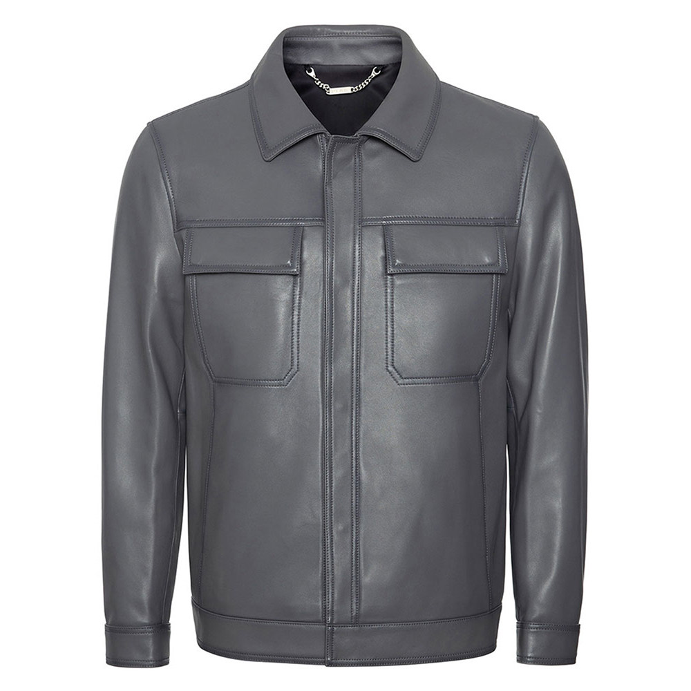 davidnaman男士翻领真皮皮衣夹克机车外套灰色皮衣