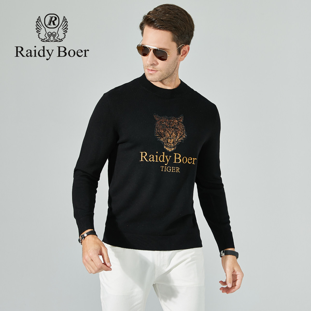 raidyboer雷迪波尔羊毛衫男士21秋冬季新款潮流虎头刺绣针织毛衣