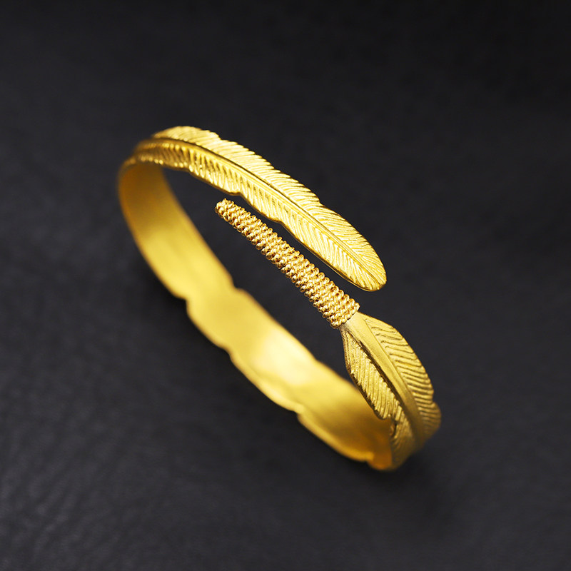 黄金手镯羽毛时尚手环足金999新款开口实心镯女24k纯金手饰金镯子