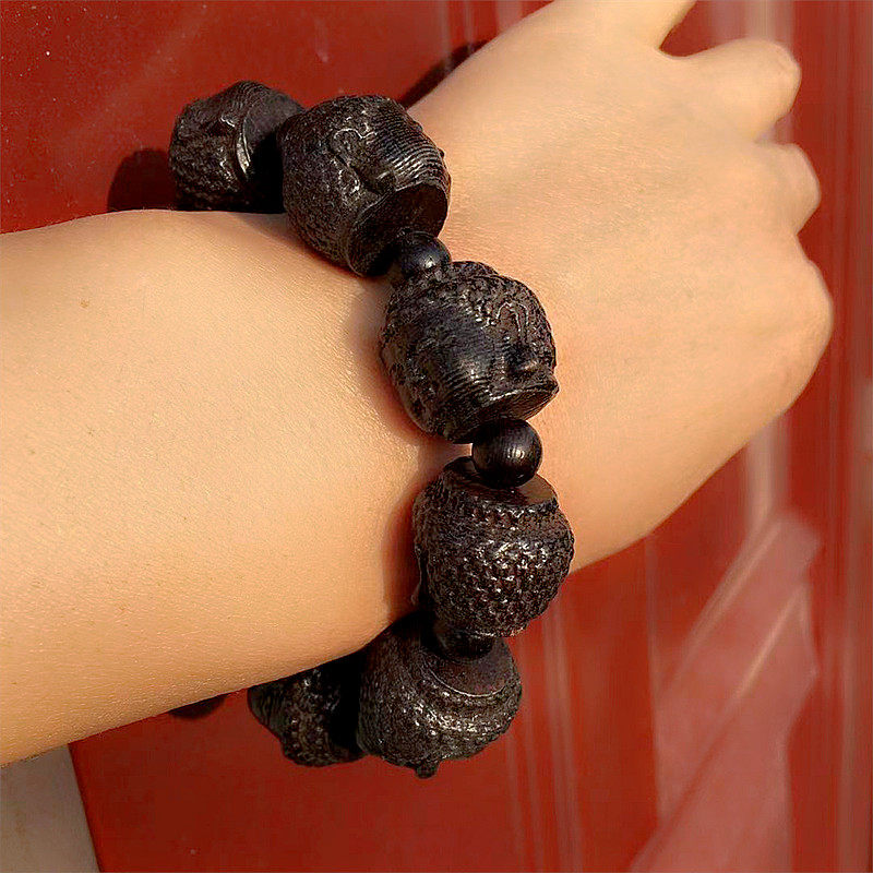 男士黑木释迦牟尼佛头金刚罗汉木头佛珠手串皮灰手串
