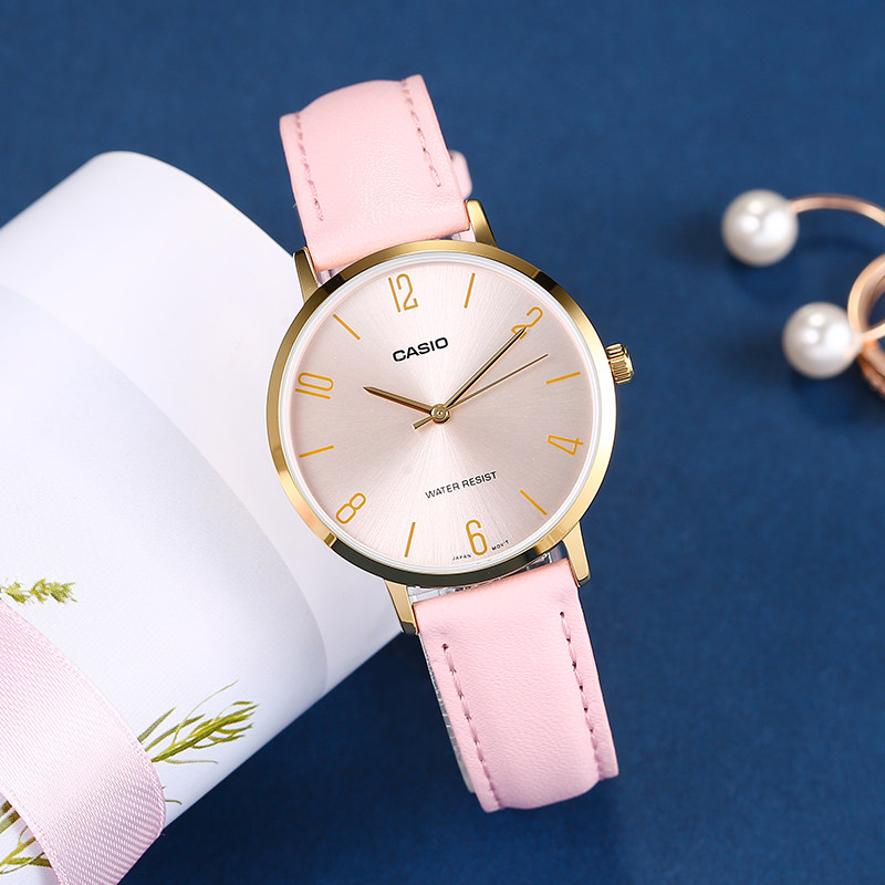 casio卡西欧手表女樱花粉简约皮带时尚金属石英日韩腕表