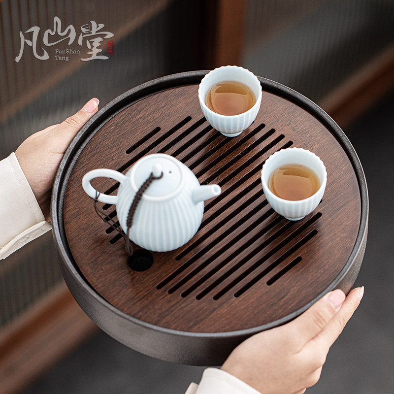 茶盘家用小茶海简约干泡竹制茶座储水式茶台圆形茶盘