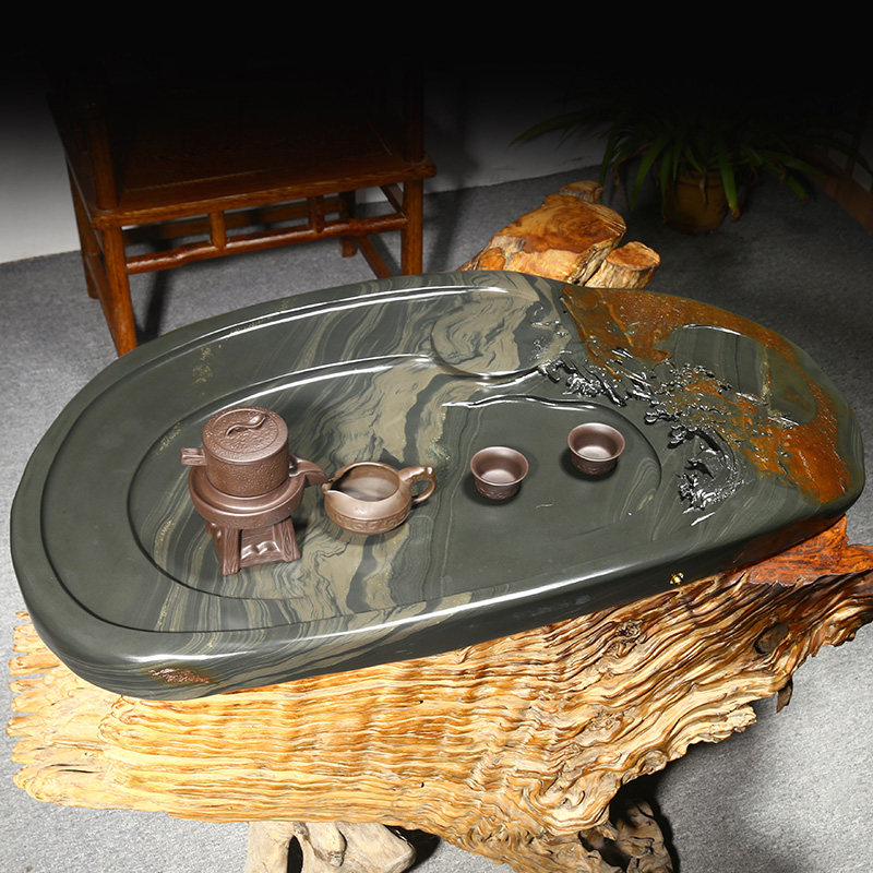 茶盘歙砚原石制作功夫茶石金皮玉带天然茶具石头砚台