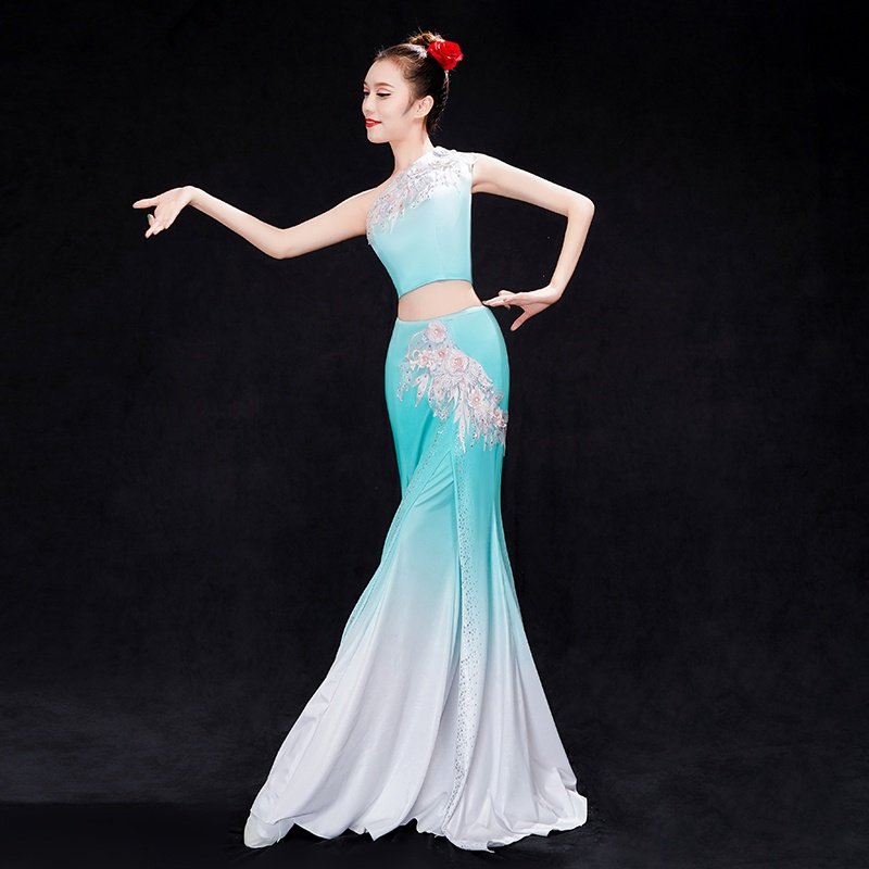 新傣族舞蹈服服装演出服女艺考民族风云南孔雀舞西双版纳裙子鱼尾