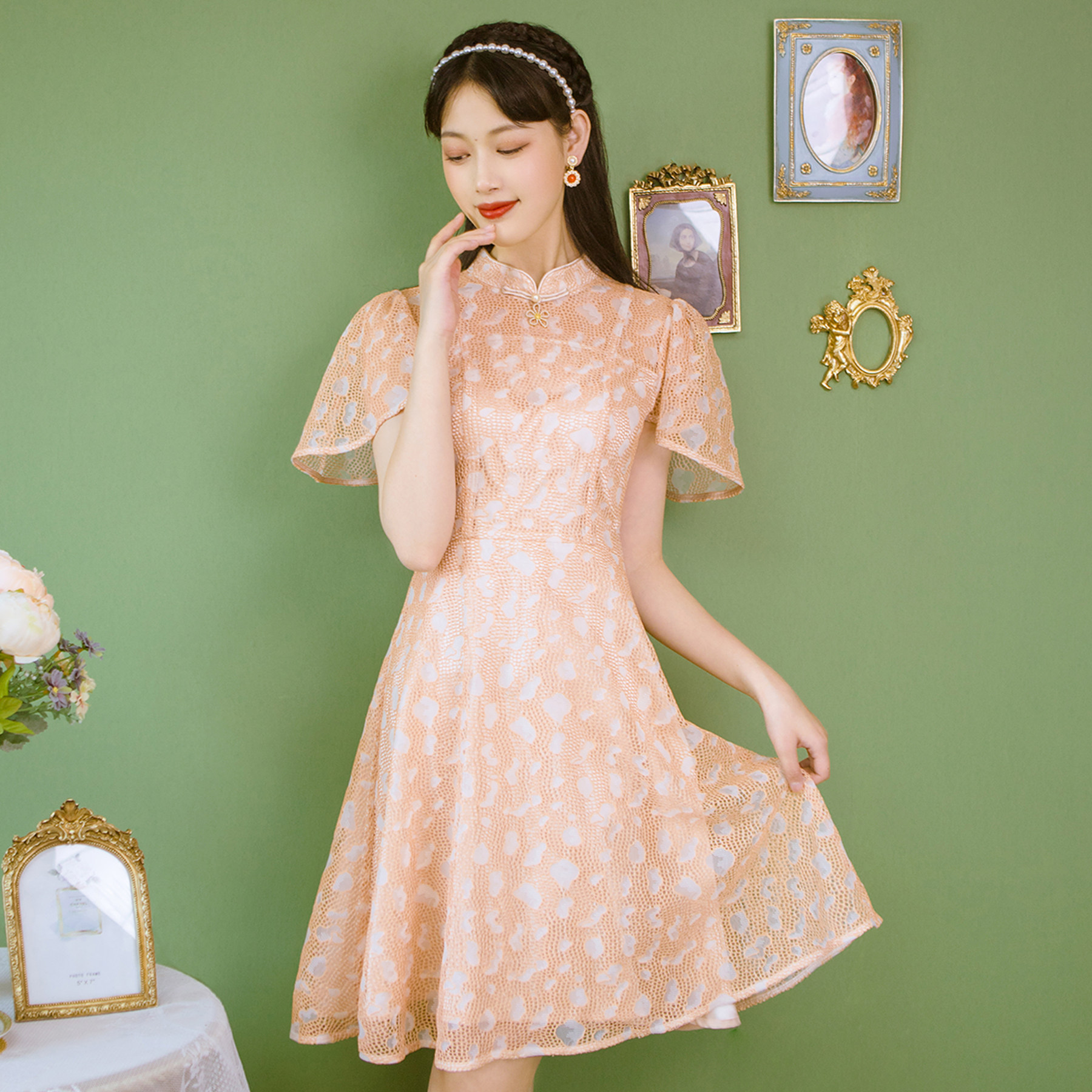 2021蕾丝女裙仙女大摆显瘦旗袍改良夏季少女旗袍