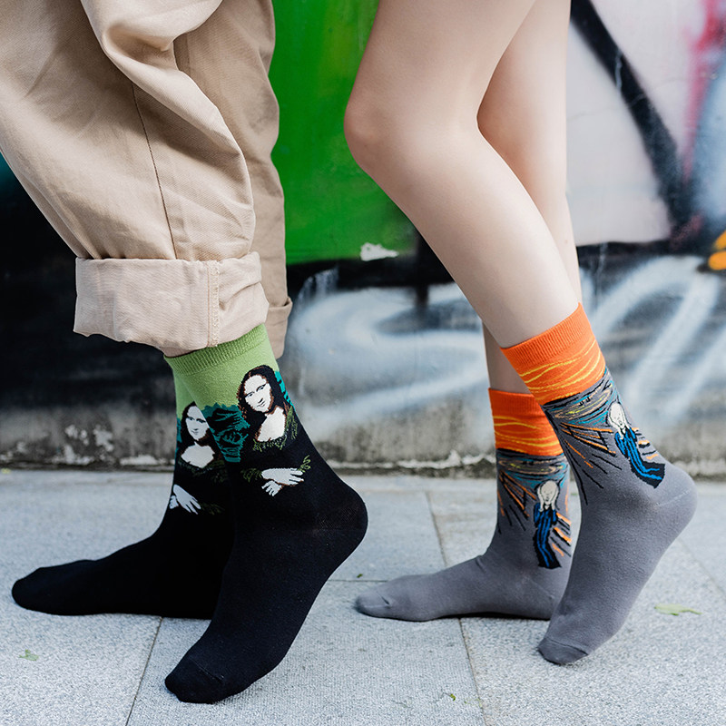 袜子女男潮网红油画复古中长长高筒腰ins纯棉中筒袜