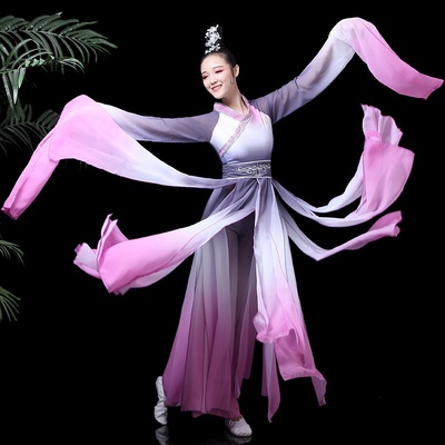 成人新水袖飘逸长袖粉墨国风汉服甩袖古典舞蹈演出民族服装