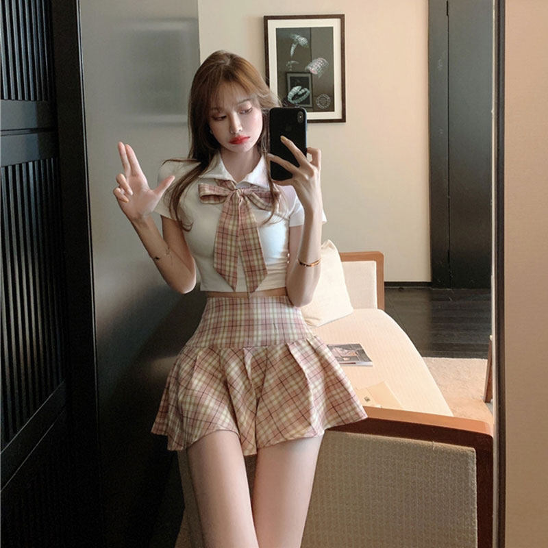 【时尚套装】露腰性感短t衬衣配领带上衣女夏 jk制服学院风高