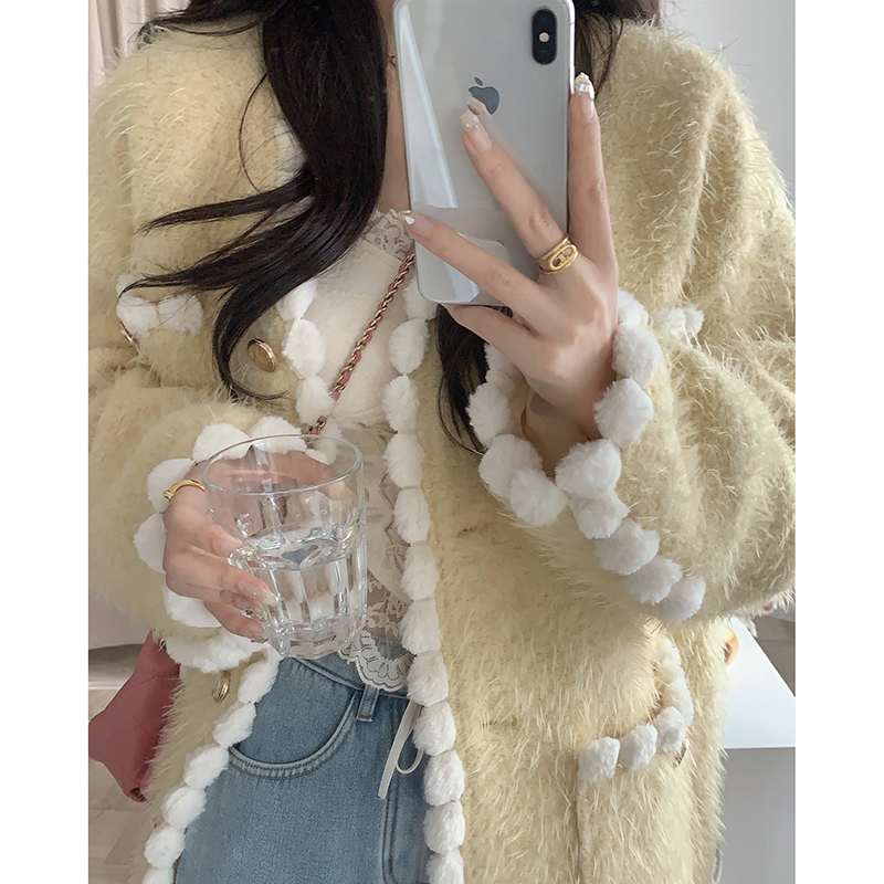 白水女 毛毛短外套女冬小香风加厚保暖设计感宽松短款淡黄色上衣