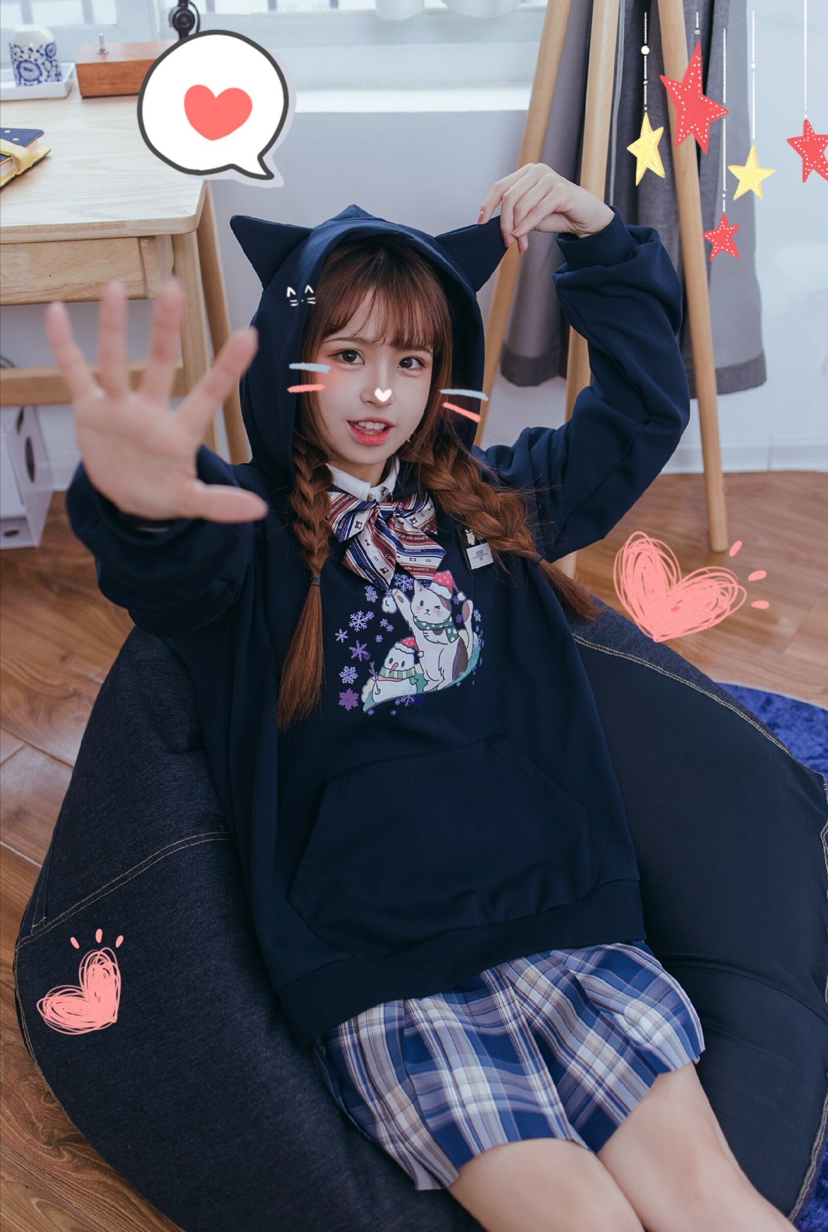 卫衣猫耳jk制服加绒连印花可爱可爱猫猫耳朵装饰jk