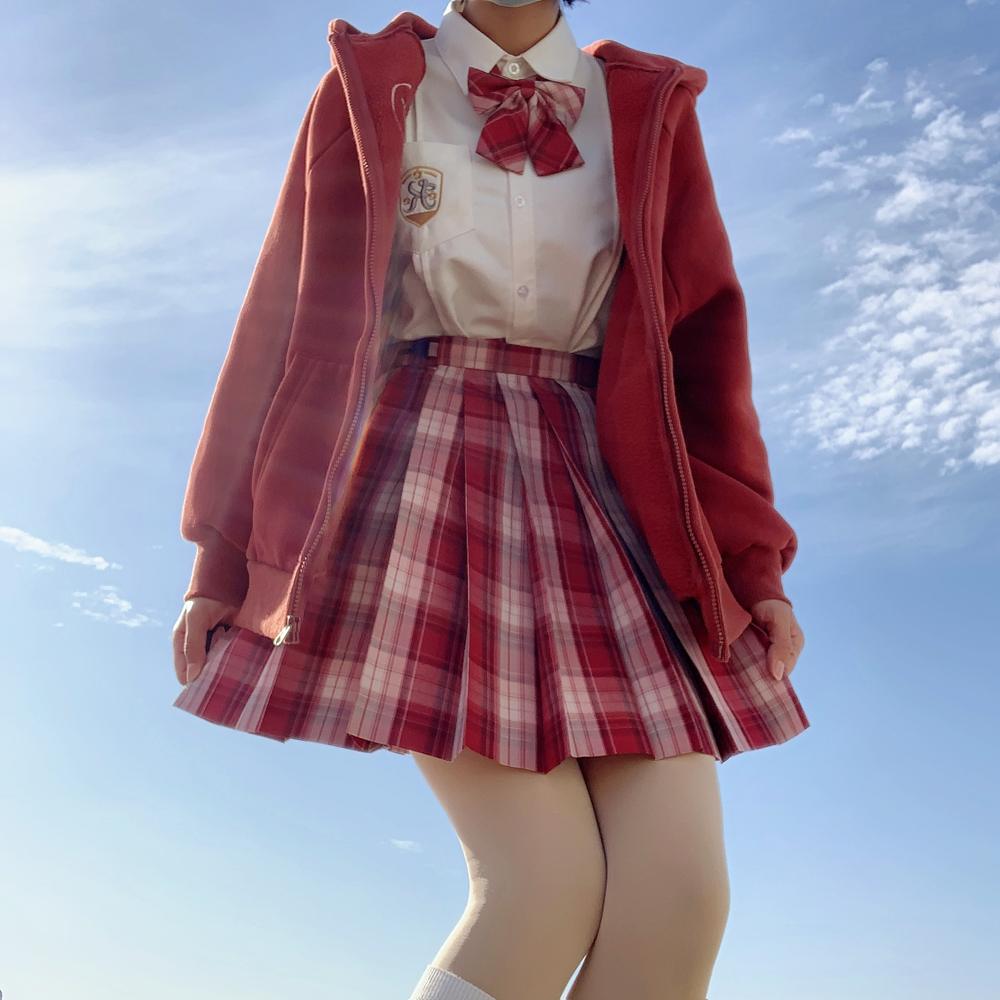 现货小莓三一巷原创正品jk格裙制服百褶裙红格半身裙