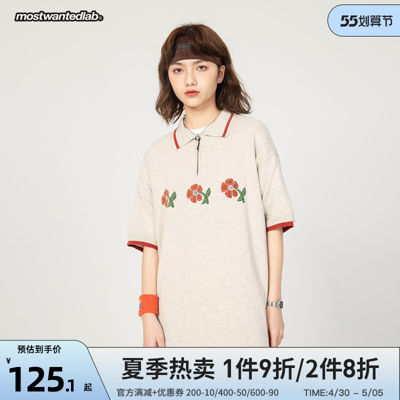 mostwantedlab国潮手绘花朵针织POLO衫男情侣装宽松短袖T恤女夏季
