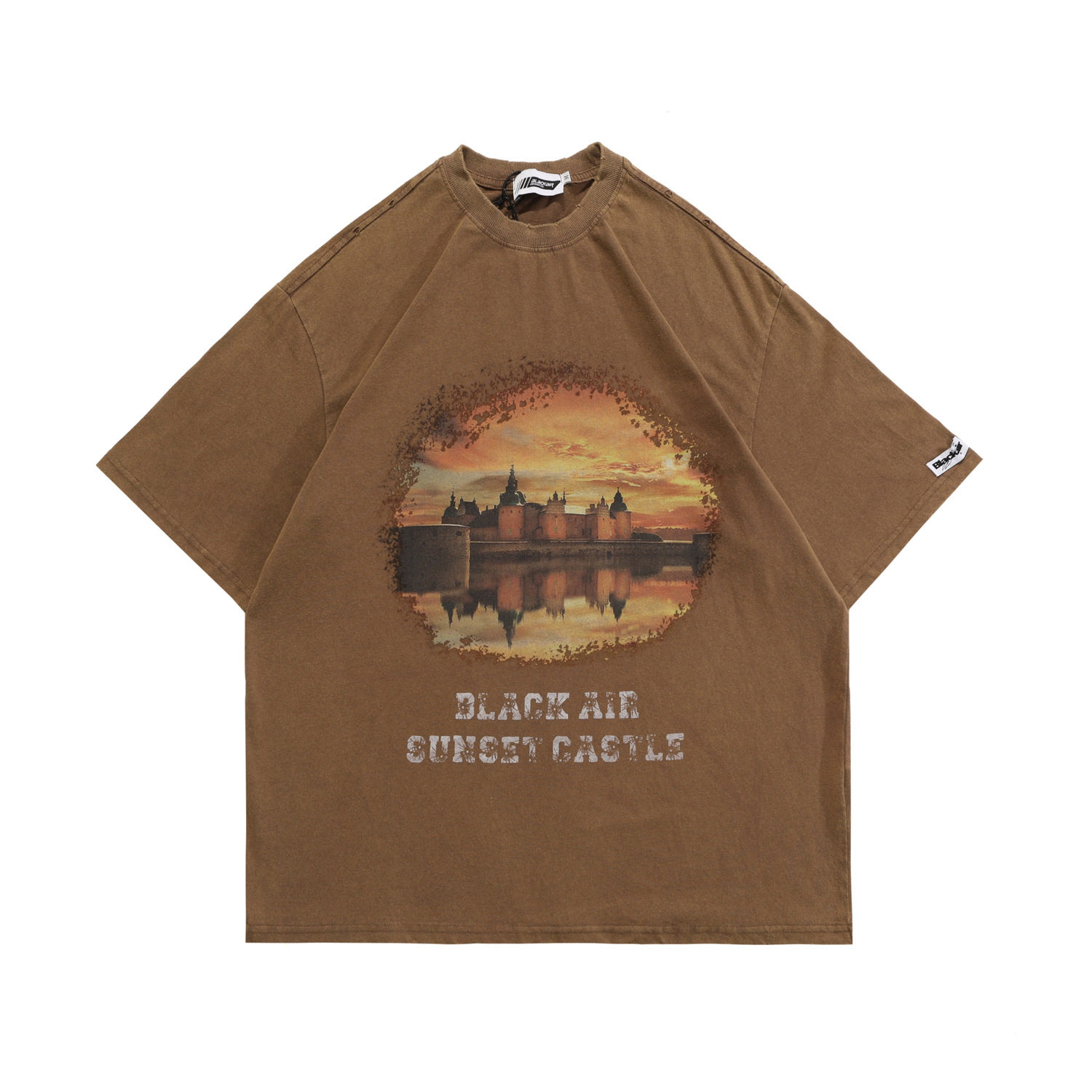 blackair 2022年街头复古洗水短袖男日落做旧印花棕色