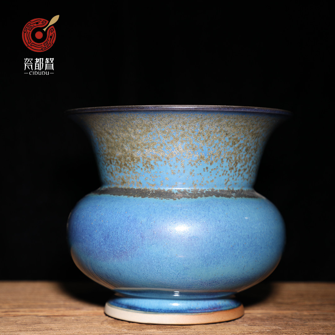陈俊才俊才瓷都老师钧瓷都督花盆珍宝炉钧尊手签款摆件