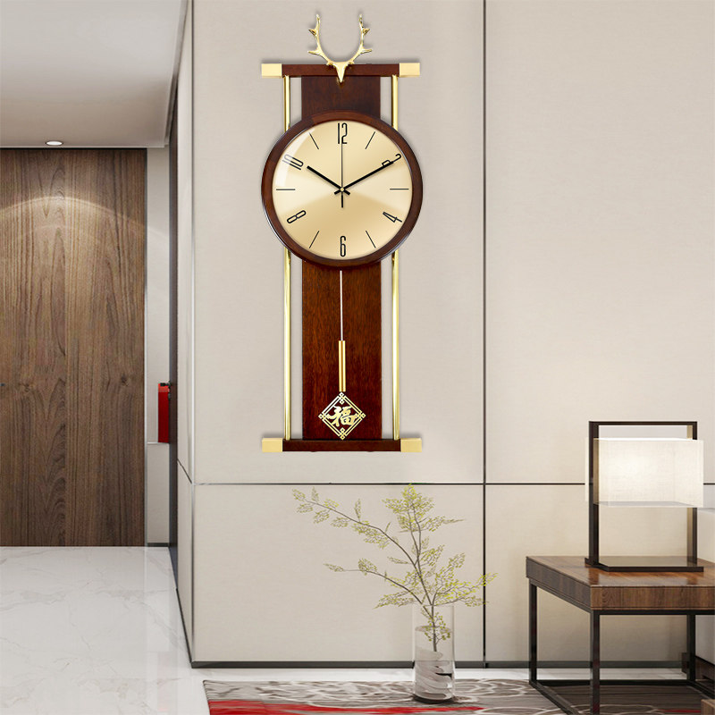 新中式创意装饰鹿头纯铜摆钟摇摆轻奢现代钟表挂钟