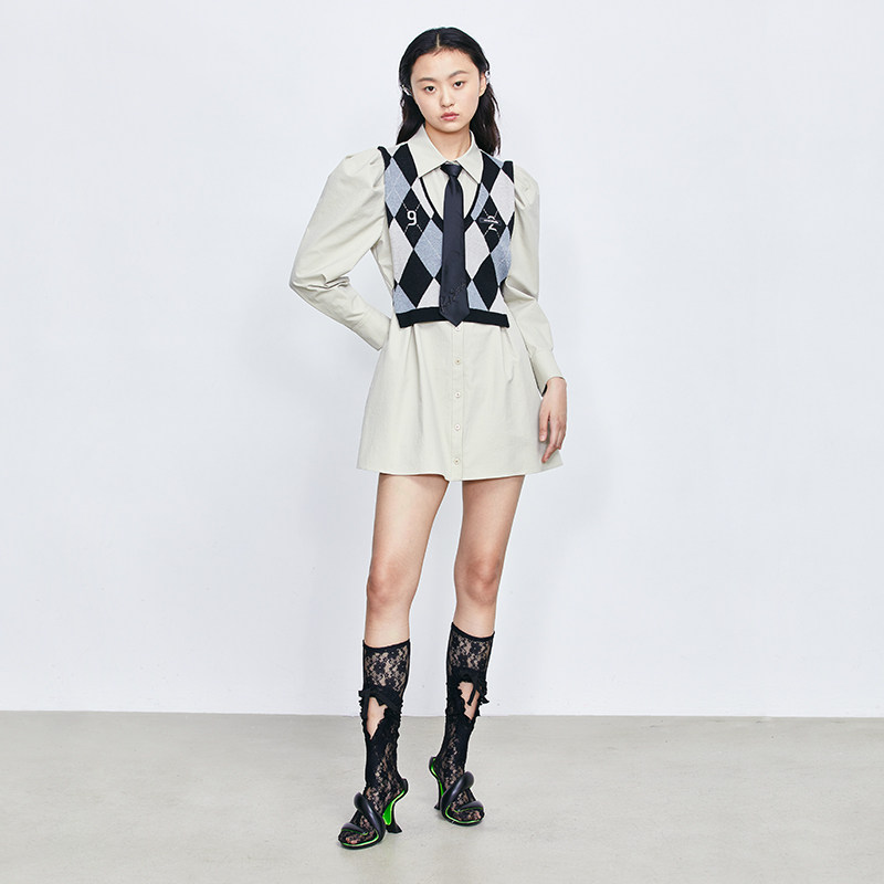 优魅网 女装 revan芮范2021秋季设计师款甜酷学院风假两件针织连衣裙