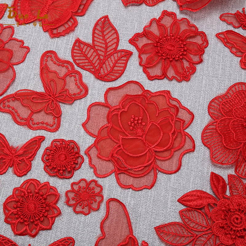 红色刺绣蕾丝图案时尚大布衣服裤子破洞装饰布贴