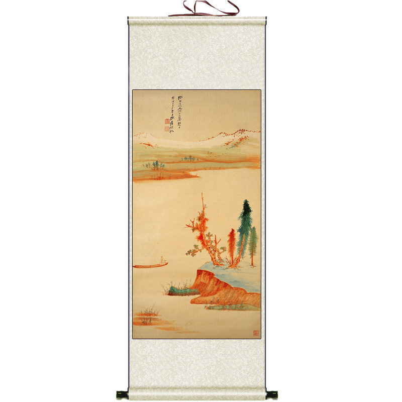 张大千山水画泛舟黄山飞瀑卷轴丝绸宣纸画仿古画国画