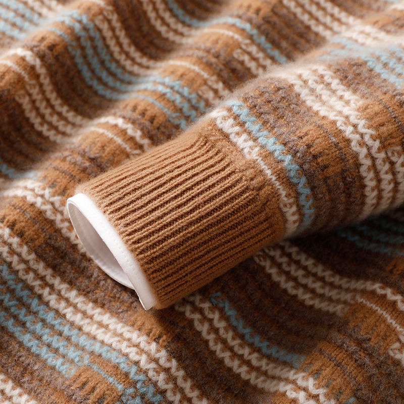 秋冬100纯羊毛衫男士加厚条纹套头毛衣圆领宽松拼色针织打底绒衫