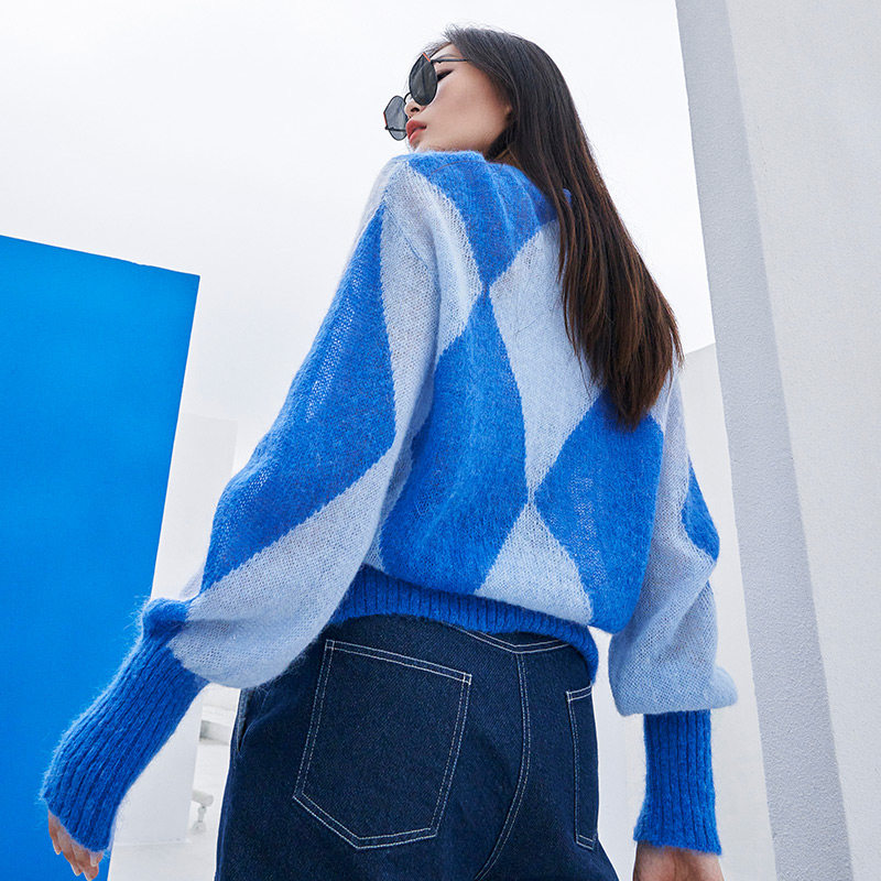 wrong马海毛风开慵懒女薄毛衣刮毛双色菱格新款毛针织衫