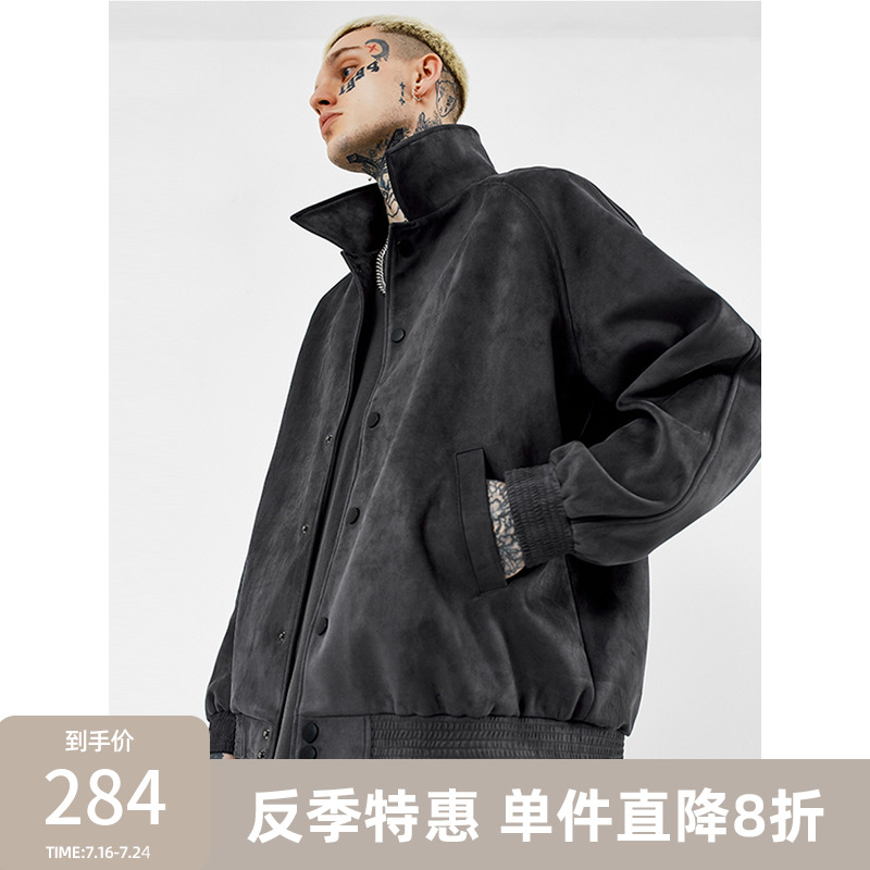 BONELESS 麂皮绒夹丝夹克秋冬纽扣棒球服街头痞帅宽松外套男潮牌