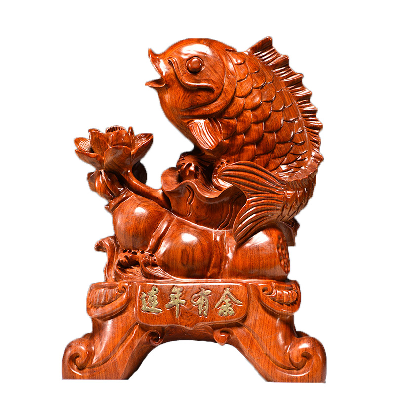 花梨木雕连年有余摆件实木木质雕刻年年有余家居摆件