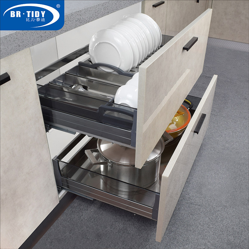 橱柜厨房碗篮拉抽屉双层碗碟拉篮不锈钢太空铝合金拉篮