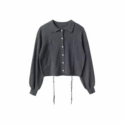 sablesmoke 针织衫女秋冬抽绳短款上衣翻领薄款长袖宽松外套开衫