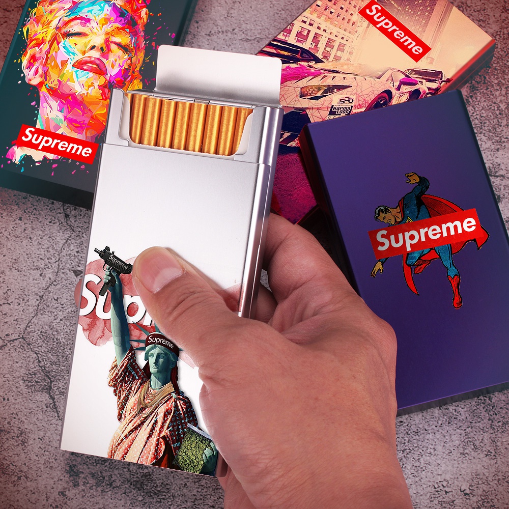 新款细烟潮牌supreme烟盒男士便携炫酷铝合金20支烟盒