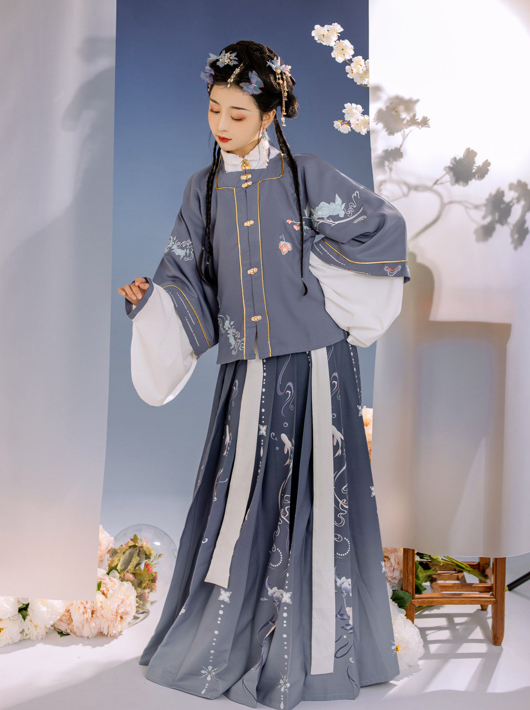 玉术原创汉服女繁花花似锦明方领半袖齐腰褶春夏汉服