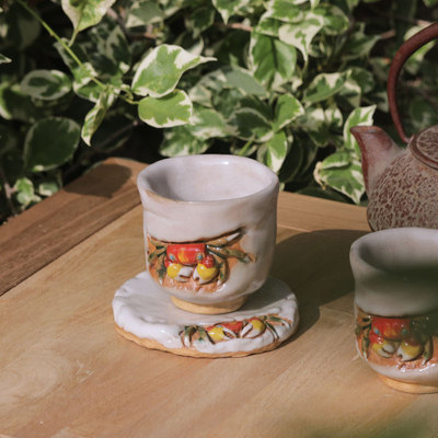 收藏山天神蟹杯二六水月乐山螃蟹公道宝瓶日式志野礼盒茶杯