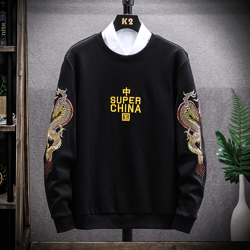 中国风卫衣男士潮流复古刺绣龙图腾国潮青年圆领长袖休闲上衣外套