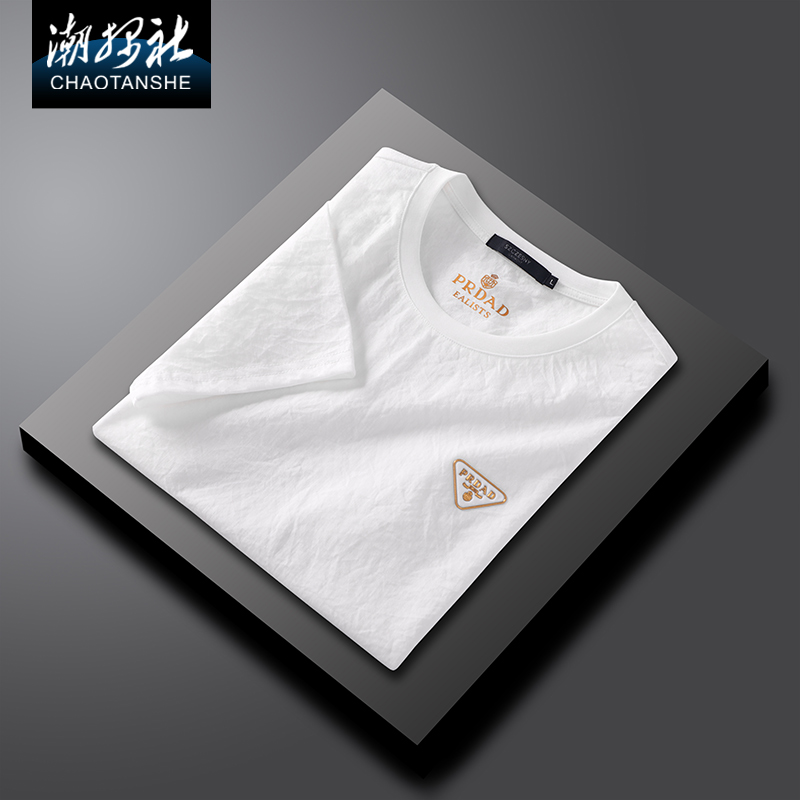 潮探社男士薄款短袖T恤2022夏季新款打底衫男式棉麻休闲圆领体恤