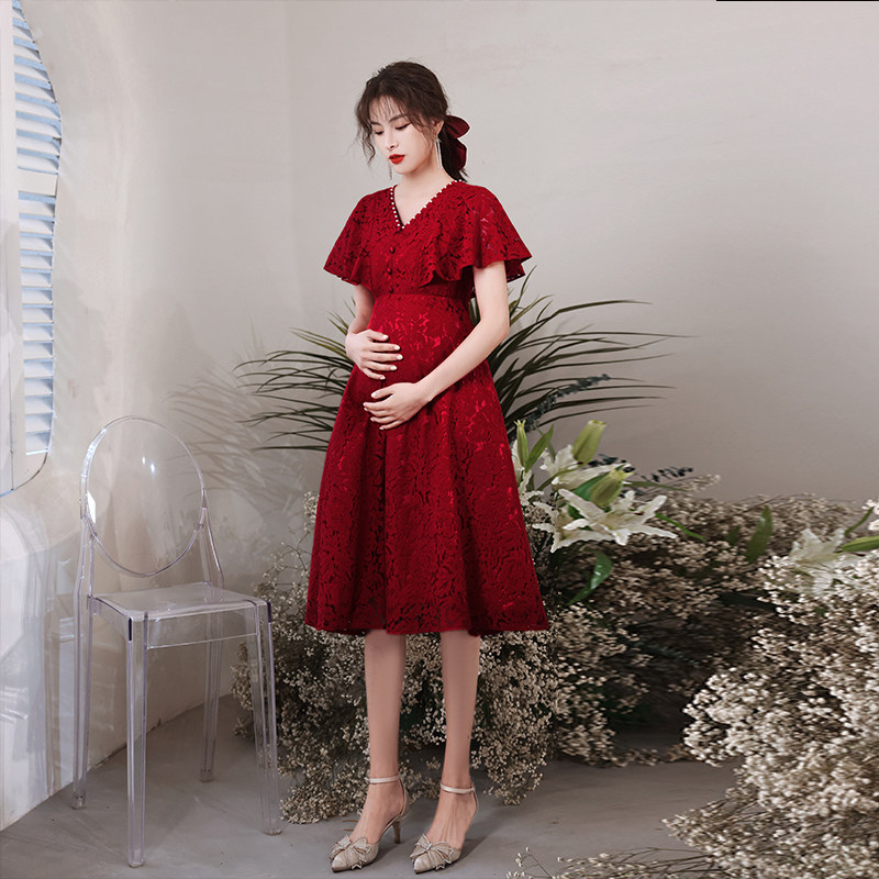孕妇红色连衣裙礼服订婚礼订婚结婚遮肚敬酒高腰礼服