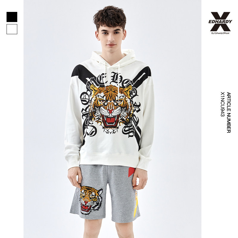 edhardy春季虎头烫钻印花宽松套头连帽潮牌卫衣