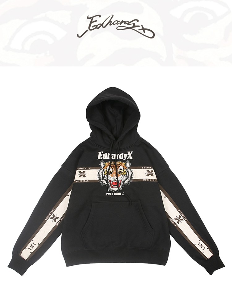 edhardyx虎头织带摇粒绒印花拼接烫钻连帽米白色情侣卫衣