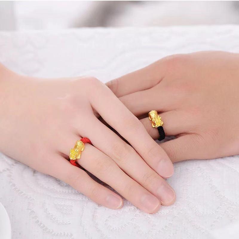 情侣幸运绳子手编绳编学生沙金手工红绳黄金戒指