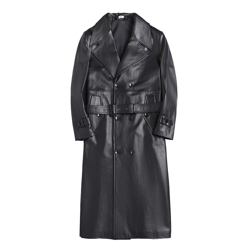 真皮头层光面牛皮休闲长款翻领风衣双排海宁皮衣