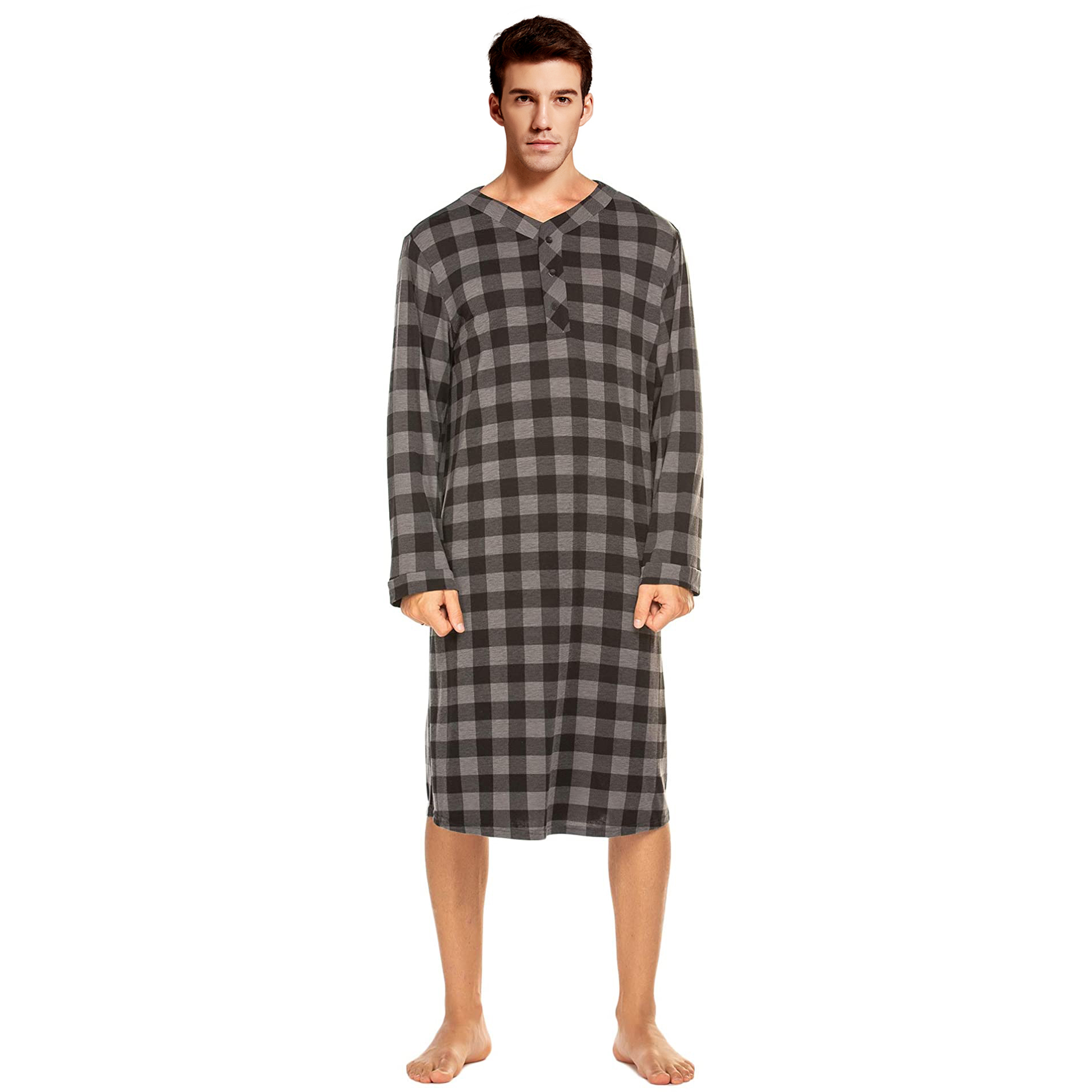 纯棉格子一体式睡衣男夏季薄款男士睡裙春秋长款睡袍加大码家居服