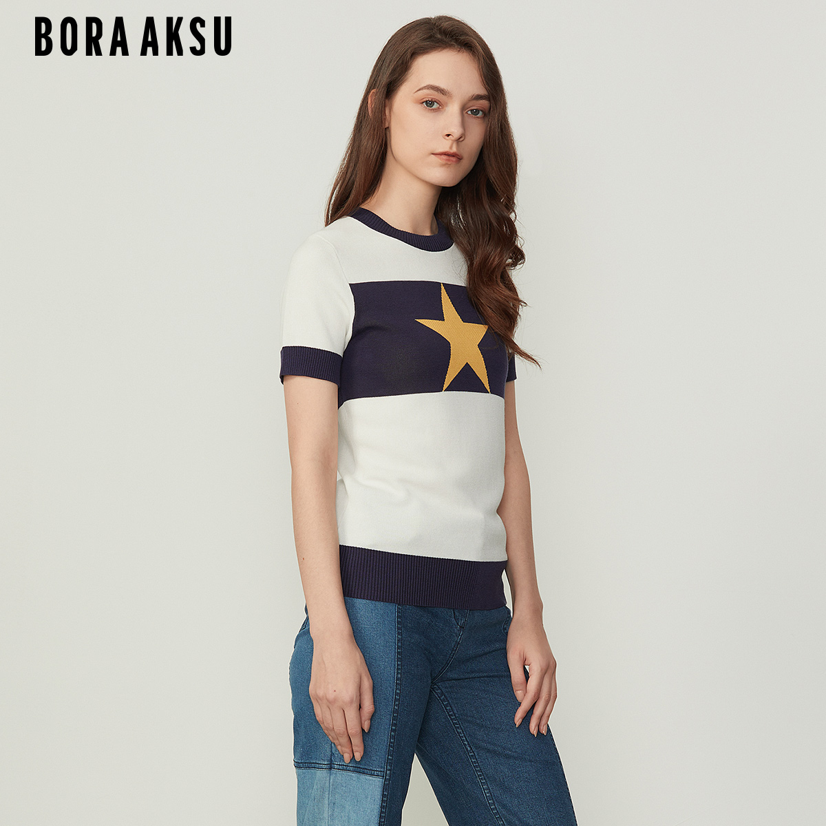 boraaksu2021春季新款黑白圆领短袖提花针织b10b01280毛针织衫