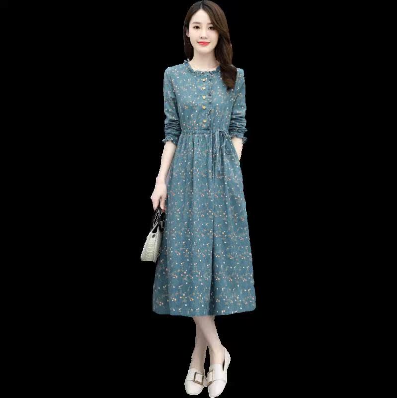 碎花连衣裙女长袖2020年春秋季女装新款收腰减龄显瘦气质休闲裙子