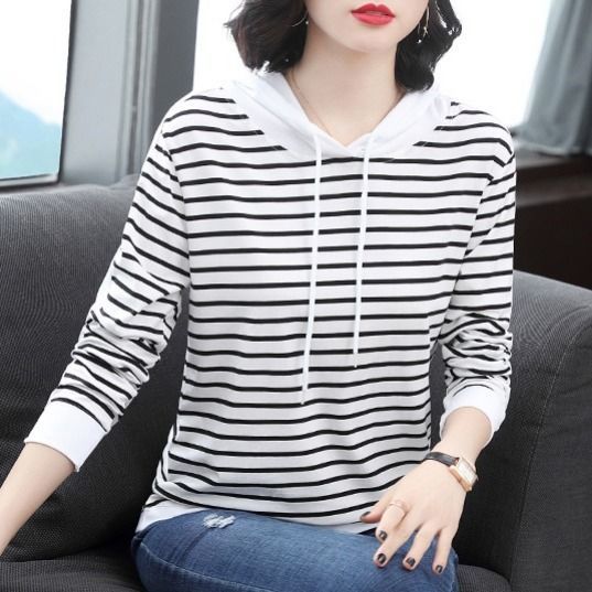 纯棉条纹长袖连帽t恤女秋季新款宽松上衣服中年妈妈大码打底衫女