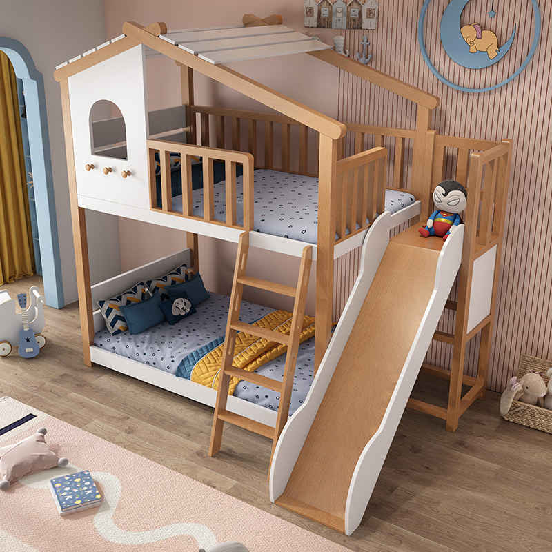 榉木树屋床儿童床实木上下床滑梯高低双层男孩高低