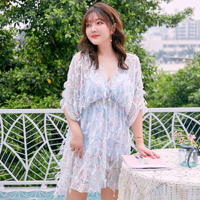 高档mm胖大码泳衣高腰比基尼分体三件女套保守比基尼