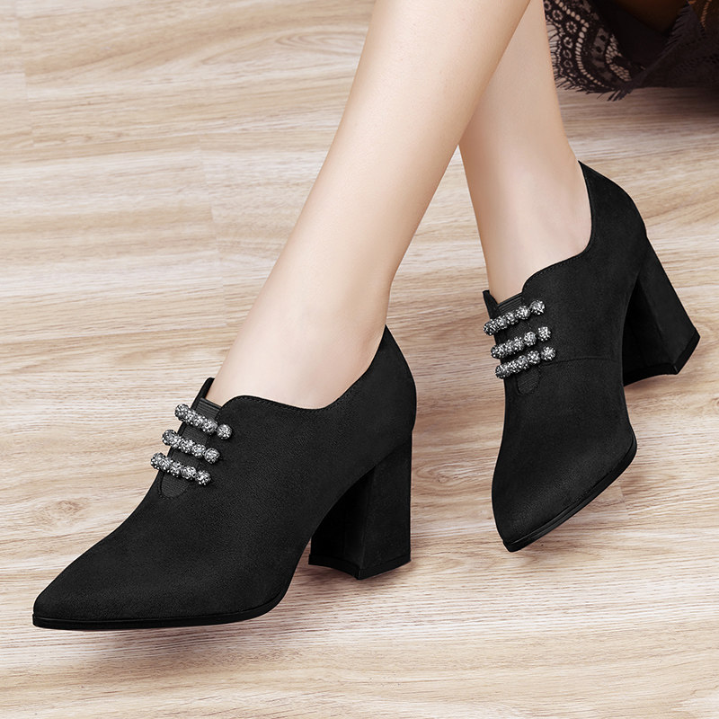 翻毛皮女鞋秋鞋2020新款秋季绒面粗跟高跟鞋百搭中跟尖头深口单鞋