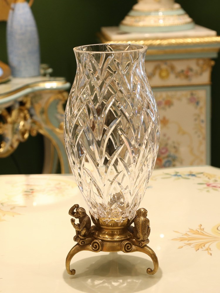 新款凤凰美居铜猴水晶玻璃三脚花瓶奢华别墅客厅花瓶