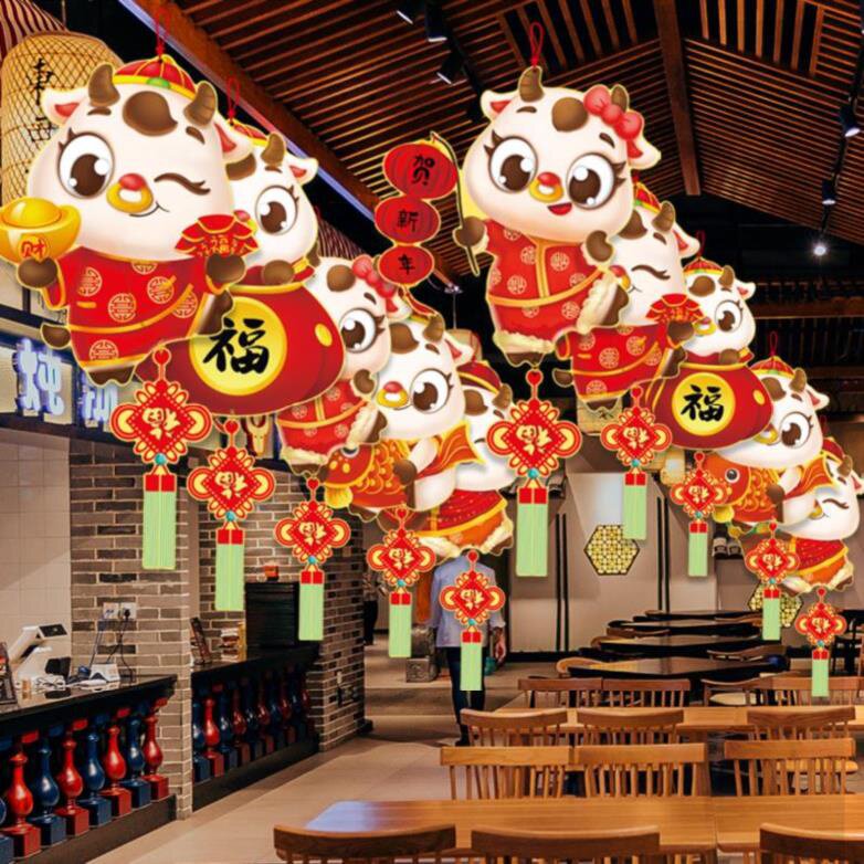 展厅2021牛年装饰吊顶酒店大厅布置柜台酒吧装扮走廊过道卡通店面