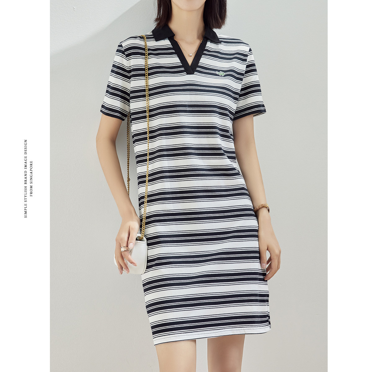 卡帝乐鳄鱼女装条纹翻领连衣裙女2022夏季新款宽松休闲polo裙女