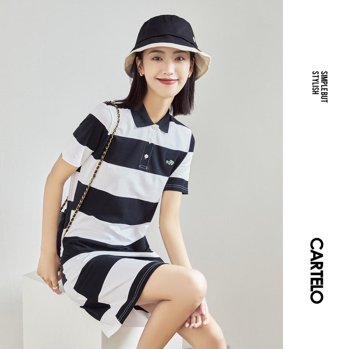 卡帝乐鳄鱼女装条纹polo领连衣裙女夏2022新款宽松休闲显瘦polo裙