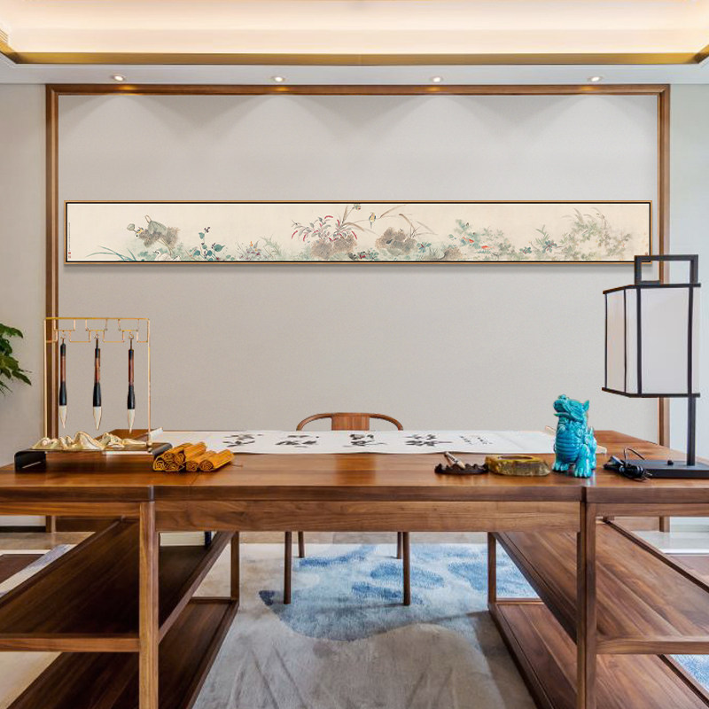新中式长横版采莲壁画国风室中茶室书房挂画背景墙现代装饰画